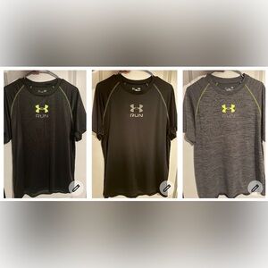 Under Armour 3 shirts, one olive green, one black, and one grey